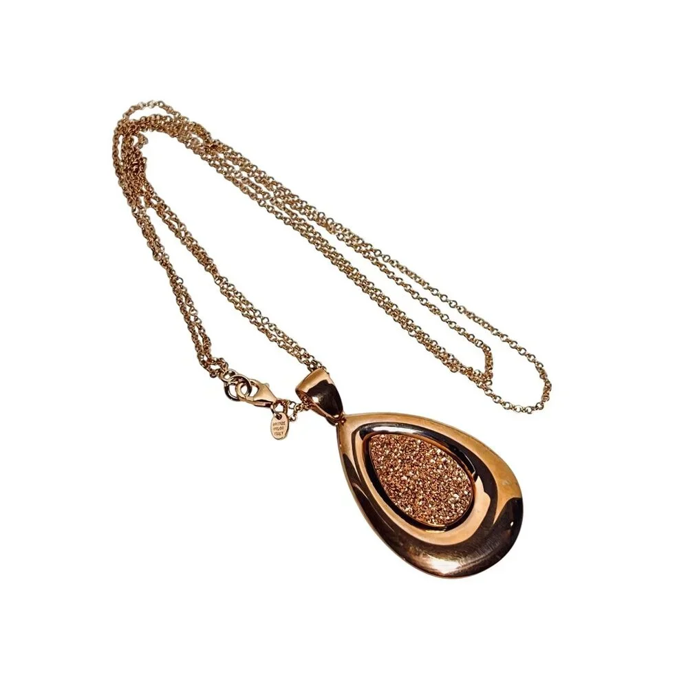 Bronzo Italia Rose Gold Tone Necklace With Druzy Quartz Teardrop Pendant (6291) - Picture 7 of 9